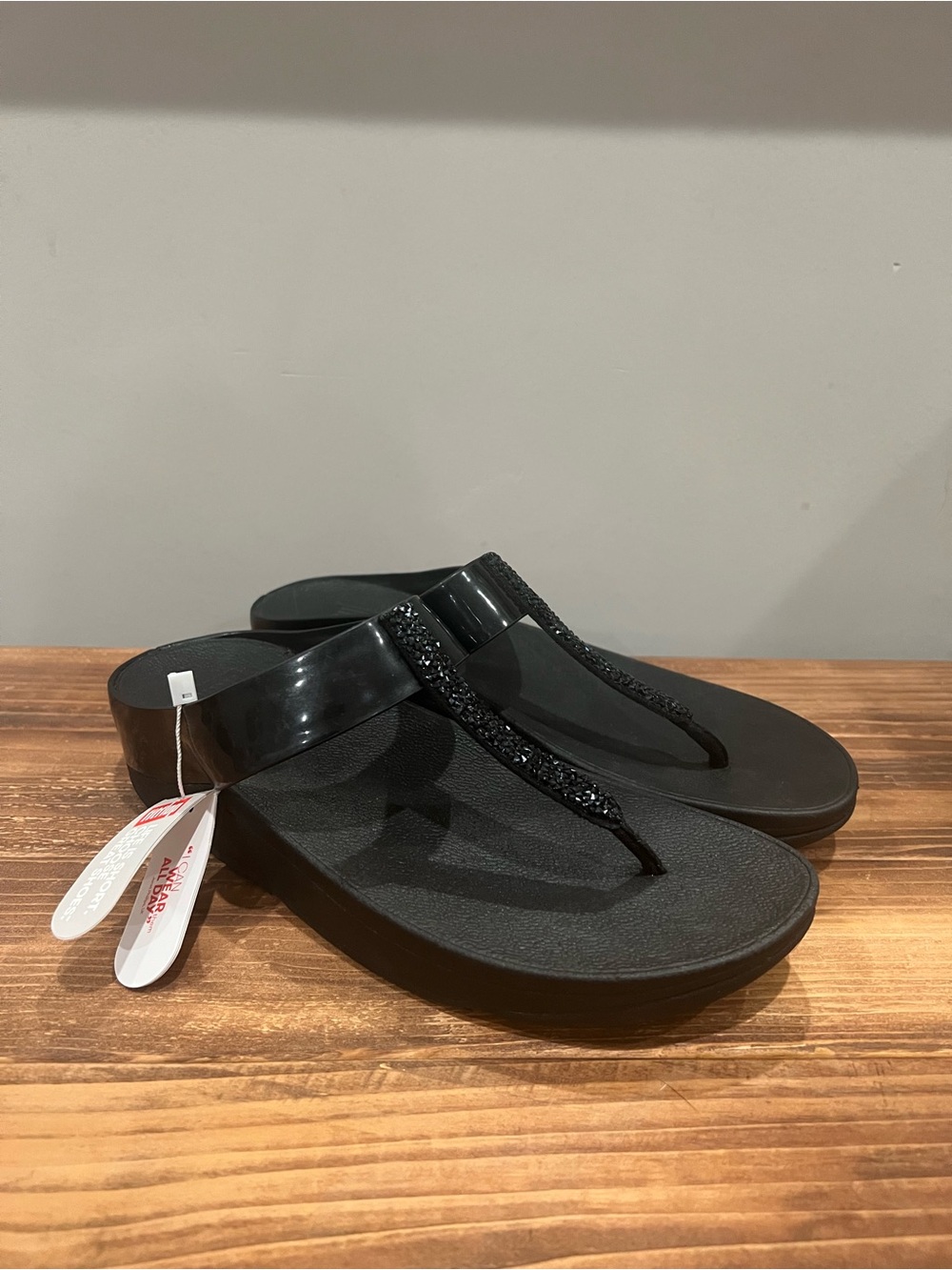 Fitflop Black Fino Toe-Post Crystal Sandals Size 8